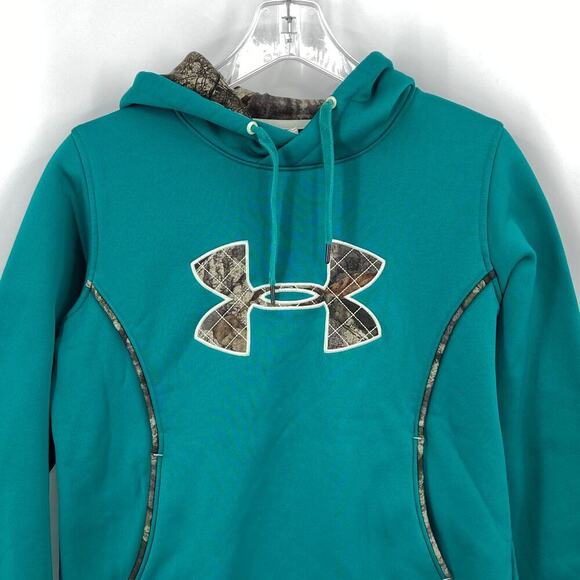 Under Armour Hooded Sweatshirt Women's Size M Teal Camouflage Logo Hoodie - Picture 3 of 8